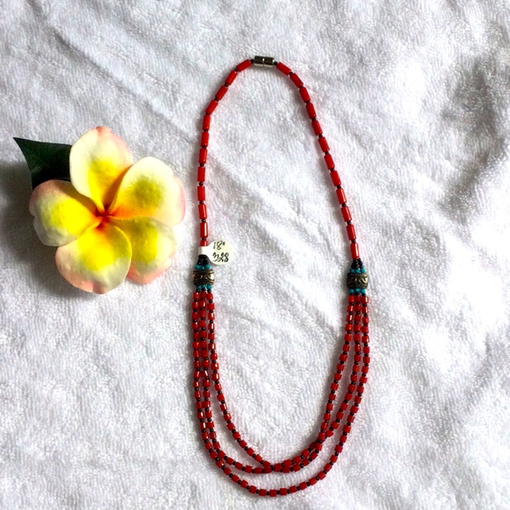 Sterling silvers and Red Bamboo 🪸 coral and black,Turquoise beads necklace